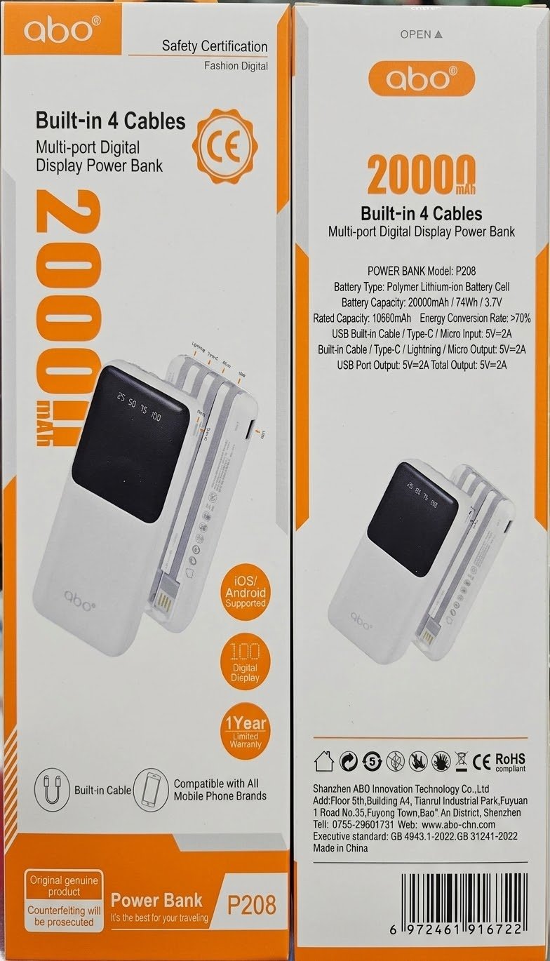 Abo P208 20000mAh Built-in 4 Cables Power Bank
