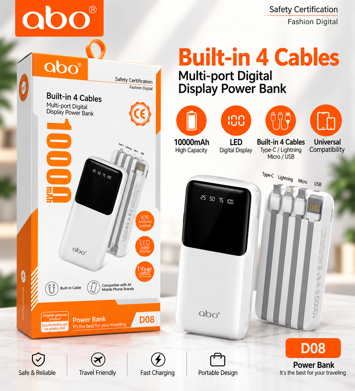 abo D08 10000mAh Built-in 4 Cables Power Bank