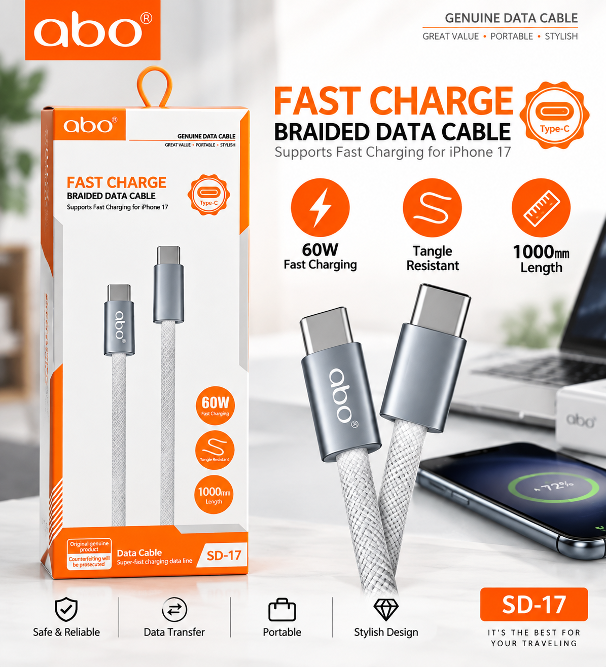 Abo SD-17 Fast Charge Braided Data Cable (Type-C)