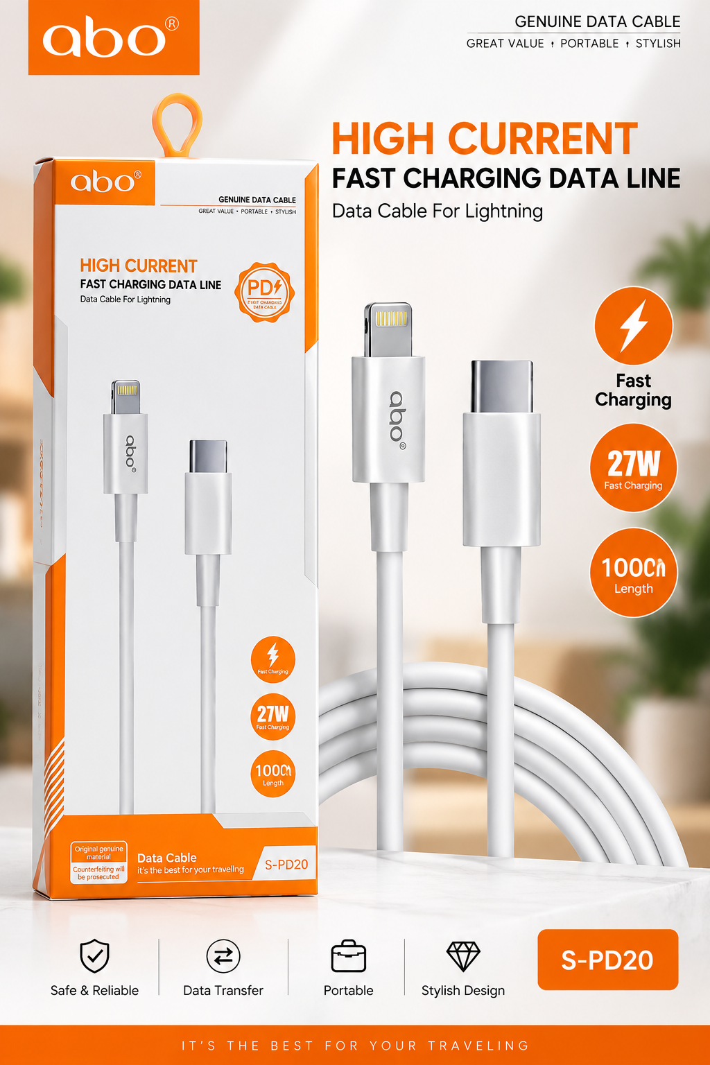 Abo High Current Fast Charging Data Cable (Lightning)