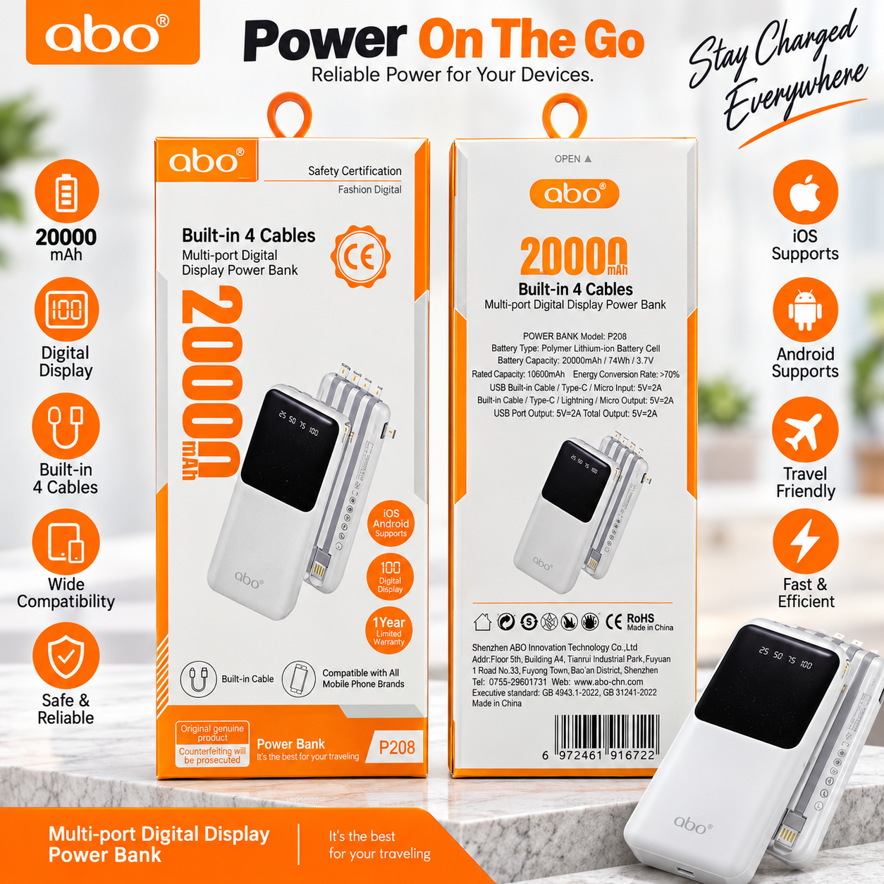 Abo P208 20000mAh Built-in 4 Cables Power Bank